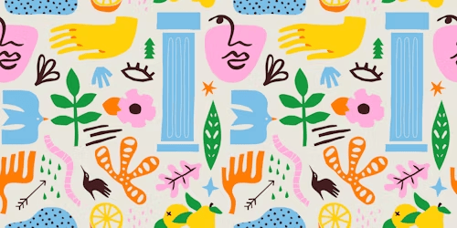 Colorful abstract pattern with faces, plants, and geometric shapes