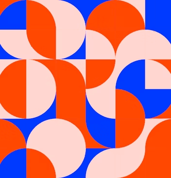Bold geometric pattern with circles in orange, blue, and pink