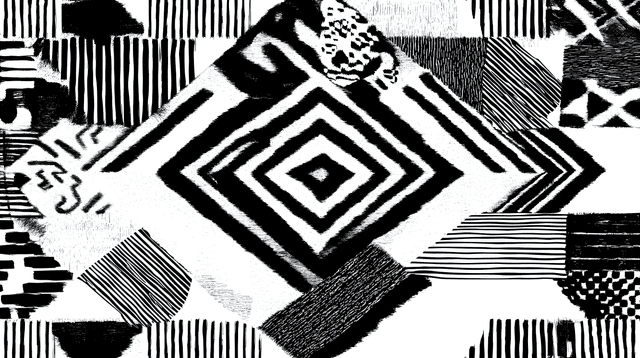 Abstract black and white geometric pattern with diamonds, stripes, and various shapes